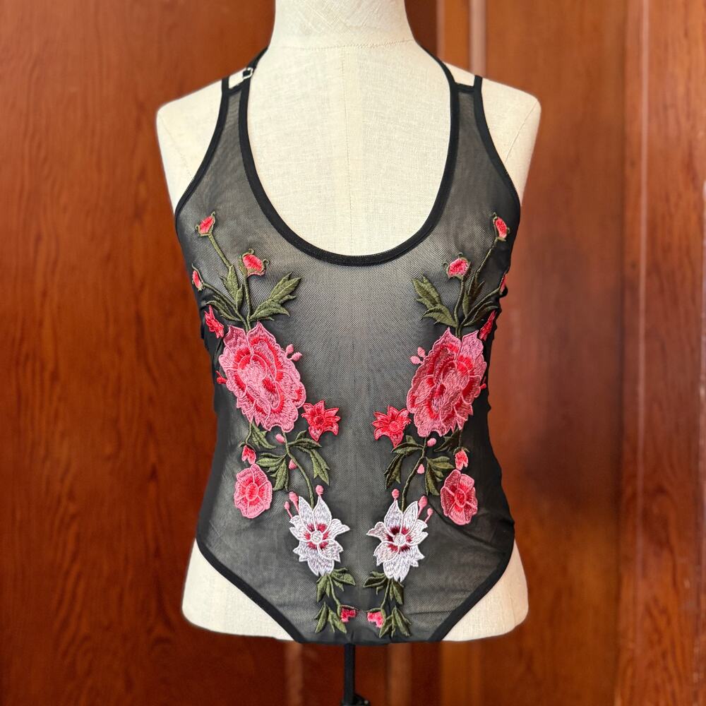 Missguided Black Mesh Floral Embroidered Bodysuit - US 2 / UK 6 - Made in UK